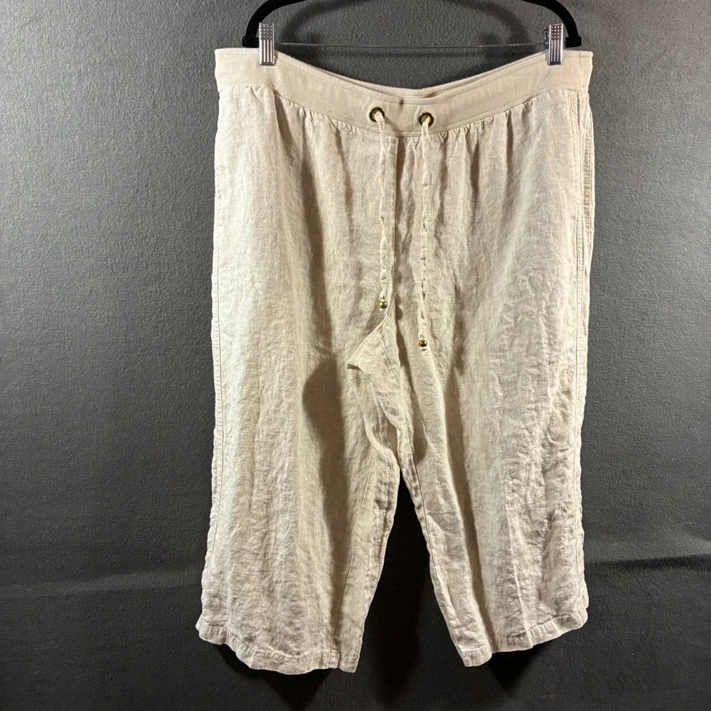 Style Co Woman Linen capri 18 Crop Pants khaki pull on coastal beach minimalist